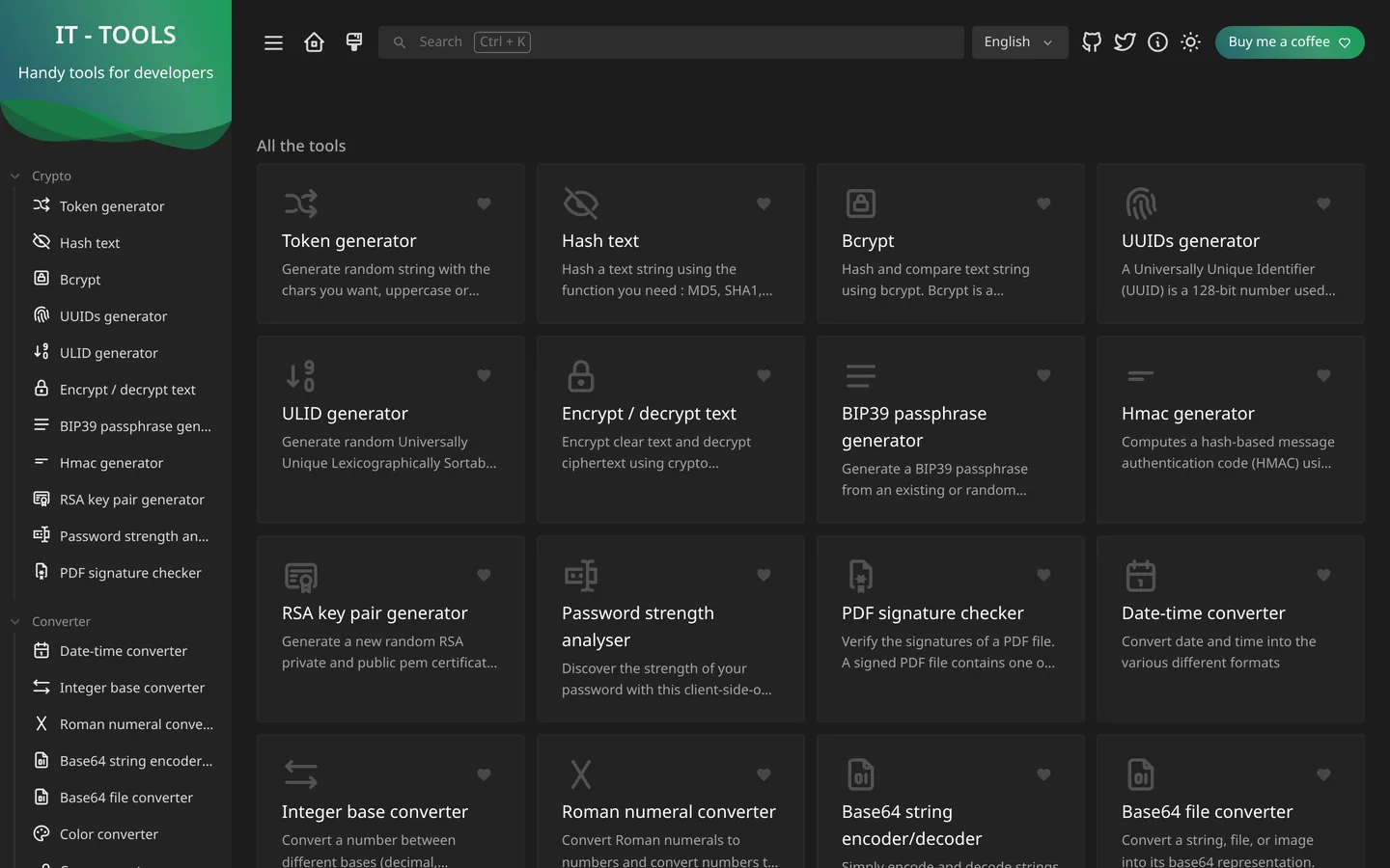 The IT-Tools developer toolbox showing its grid of encoders, converters, and generators.
