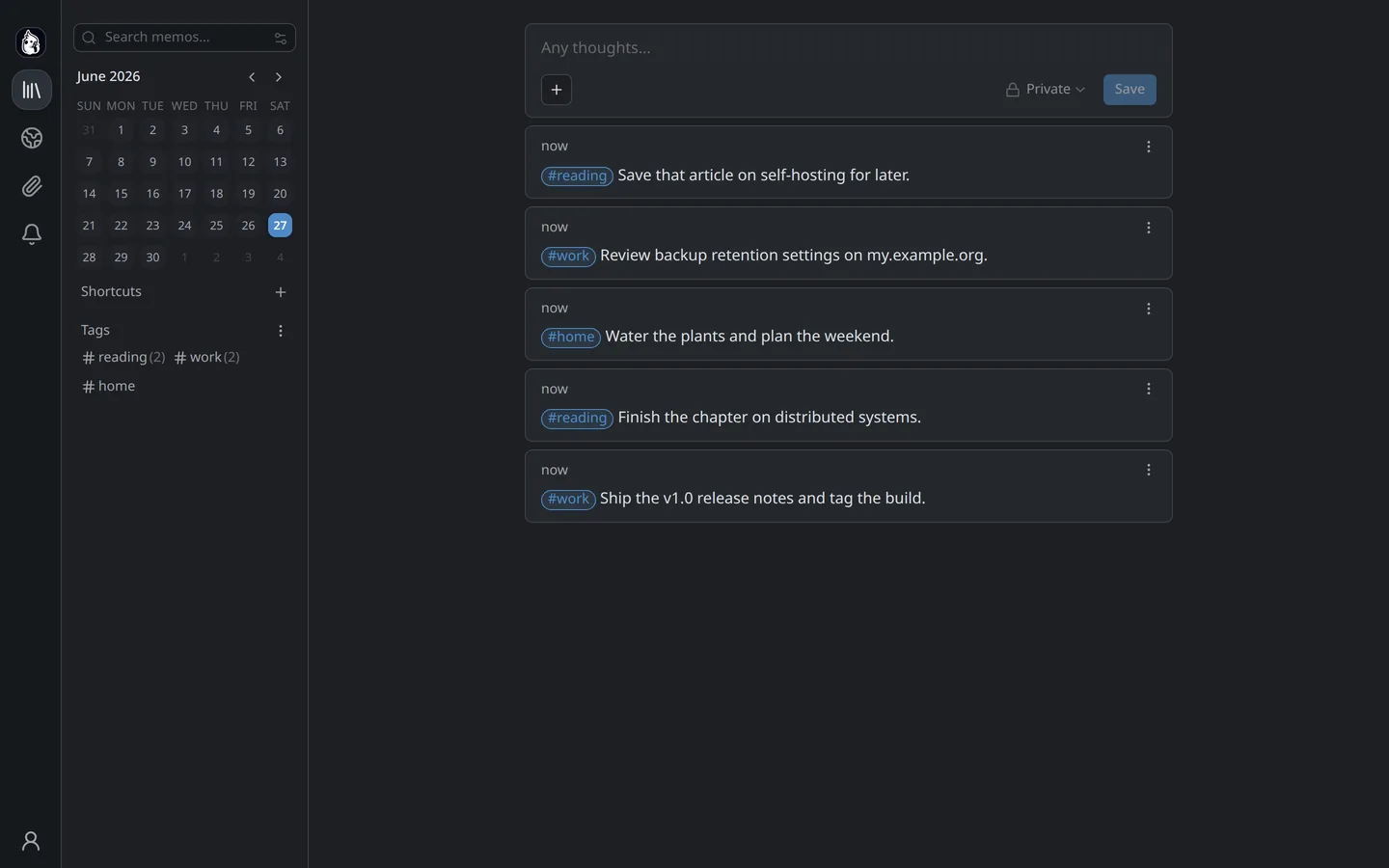 The Memos notes app showing example notes tagged work, reading, and home.